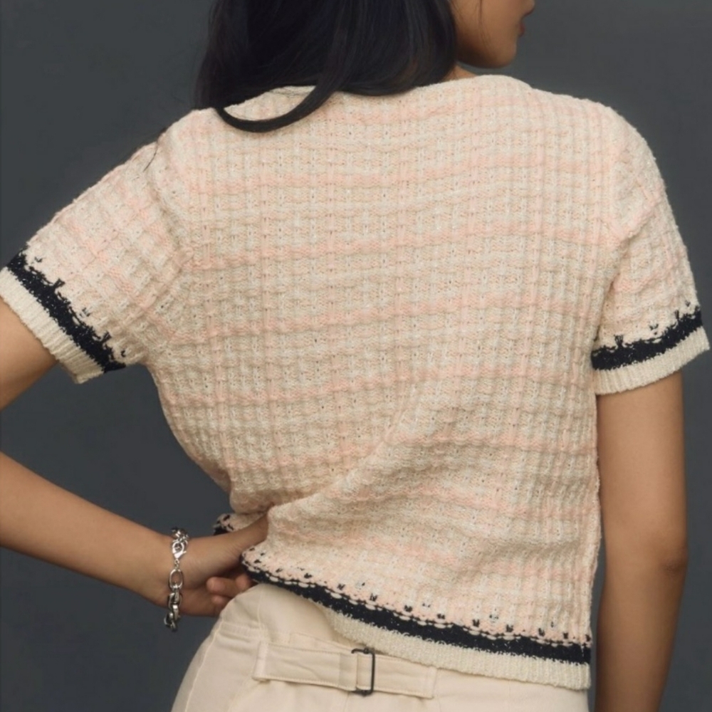 Anthropologie Tweed Sweater Tee • Fringe Pockets • Cream Pink Plaid Knit Top M - Picture 3 of 12